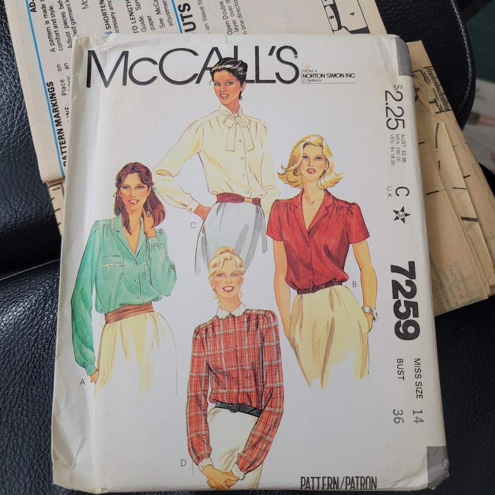 Vintage 1980 McCalls 7259 Sewing Pattern Misses Blouse Size 14 Uncut Folded